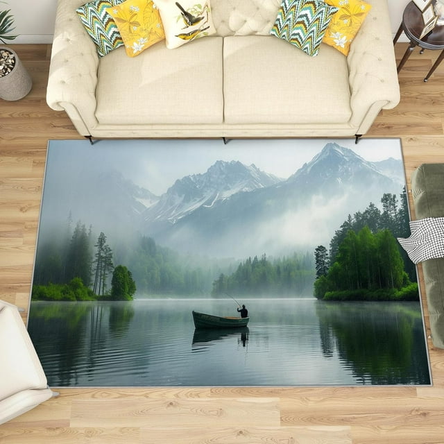 5x7 Rug, Mountain Rug Washable Non Slip Soft for Living Room Bedroom, Boat Nature Landscape Area Rug, Misty Forest Scenery Carpet, Mountain Home Decor & Gifts