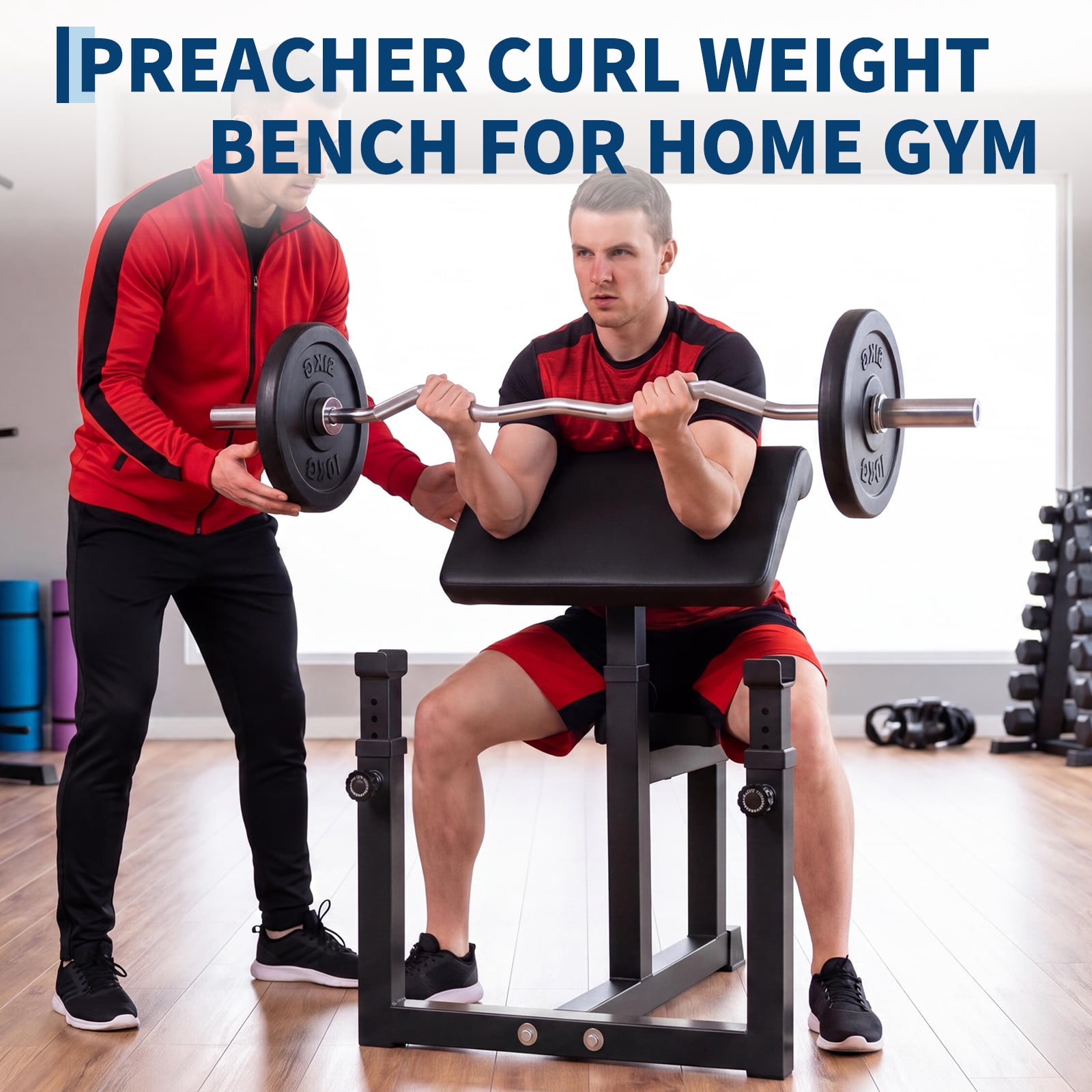 Preacher Curl Bench, Adjustable 5-Level Arm & 6-Level Rack, 300 LBS Capacity, 2" Thick Cushions