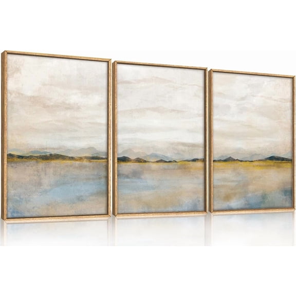 Abstract Mountain Lakes Framed Canvas Wall Art Set, Neutral Nature Landscape Wall Decor, Nordic Scenery Wall Painting, Modern Gallery Art Prints for Living Room, Bedroom, Office - 16"x24"x3