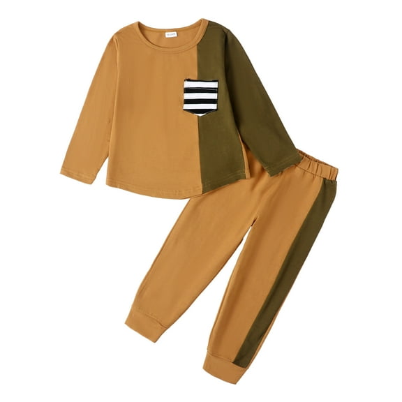 Toddler Baby Boys Clothes Baby Boys Outfits Long Sleeve Round Neckline Patchwork Top Pants 2PCS Boys Fall Winter Clothing Set Brown 18-24 Months