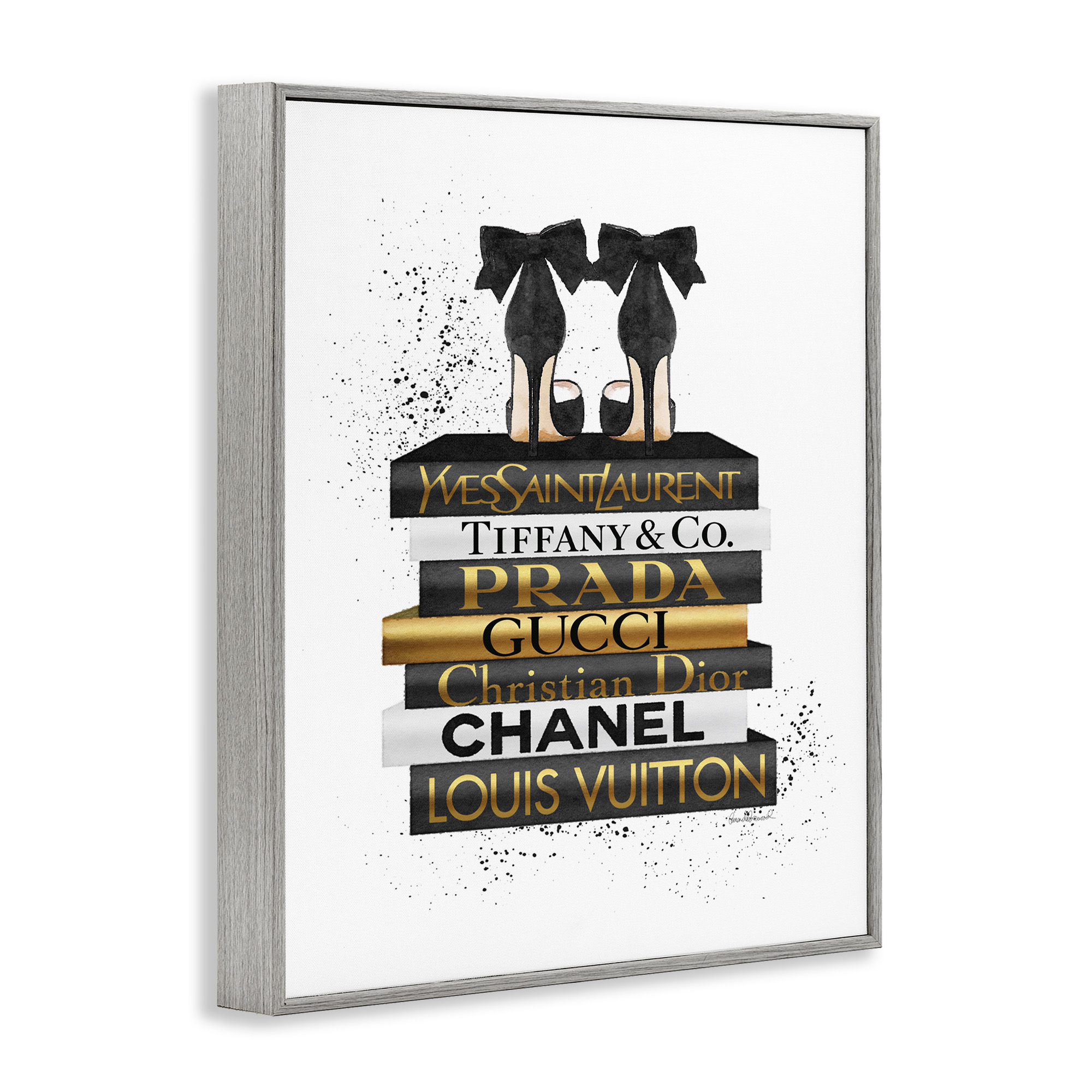 Stupell Industries Black Gold White Glam Bookstack Beauty & Fashion Painting Gray Framed Art Print Wall Art, 24 x 30