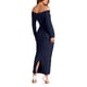 thumbnail image 2 of Vestido PRETTYGARDEN para mujer, maxi con hombros descubiertos, fruncido, azul marino, talla M, 2 of 8