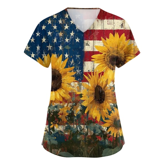 Women 250th Anniversary Scrub Tops American Flag Print Fourth Of July Patriotic Star V Neck Tops Short Sleeve Regular Fit Casual Nursing Uniforms with Pockets, #01 Watermelon Red, 4XL