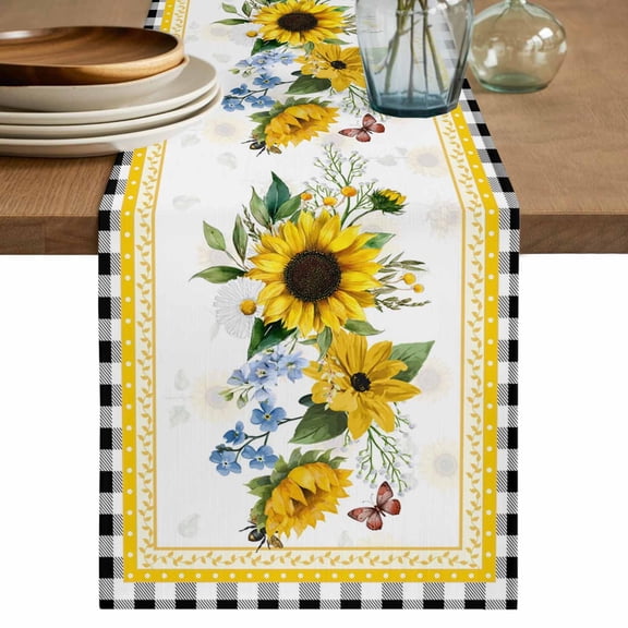 Table Runner 72 Inches Long for Kitchen Dining, Sunflower Dresser Scarf Farmhouse, Dining Table Decorations for Wedding/Parties, Yellow Flowers Black White Plaid Farmhouse Botanical 18 x 72 In