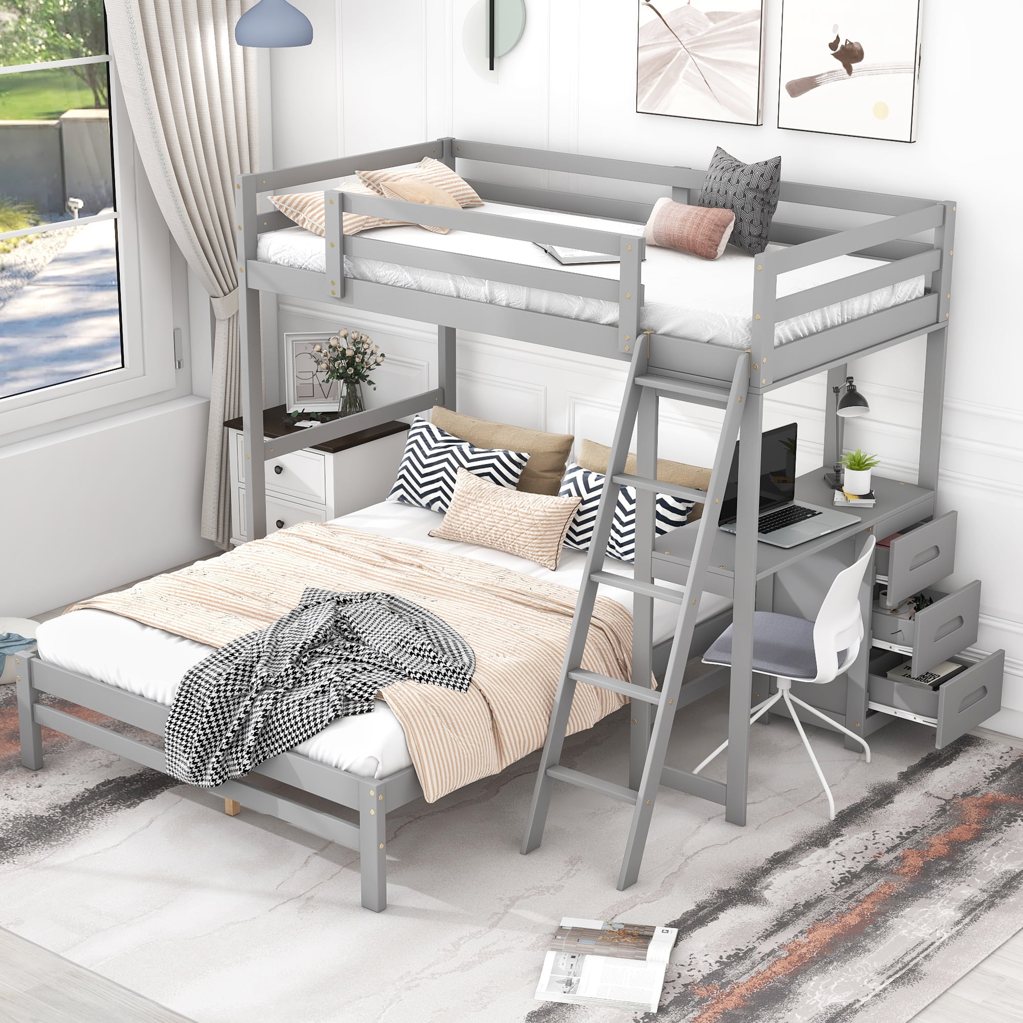 EUROCO Twin over Full Bunk Bed with Desk and Drawers for Kids Teens Room, Gray