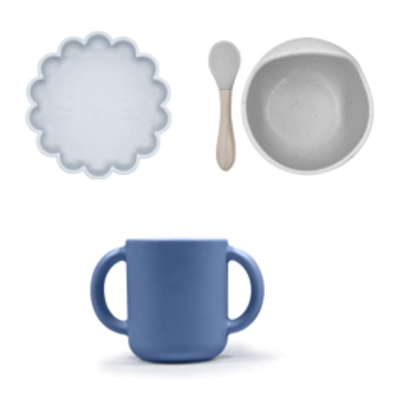 Kushies 100 % Silicone Ensemble d'Alimentation pour Tout-Petits - (Assiette & Bol & Tasse avec Poignées) – Va au Lave-Vaisselle & au Micro-Ondes - Bleu - 6 Mois +