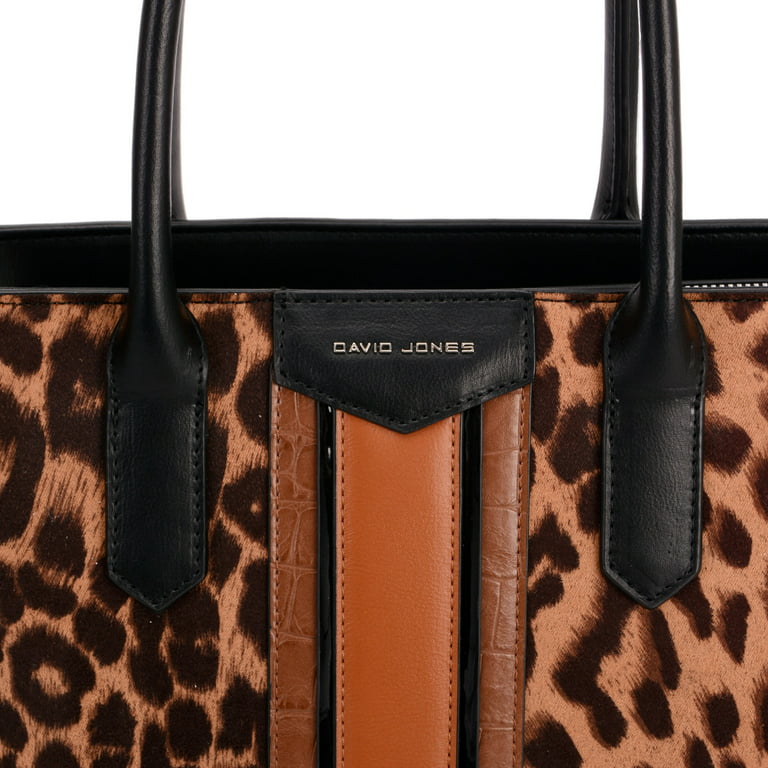 David Jones Paris Women Fashion Leopard Print Studs Satchel Shoulder Tote  Bag - Black/Brown 