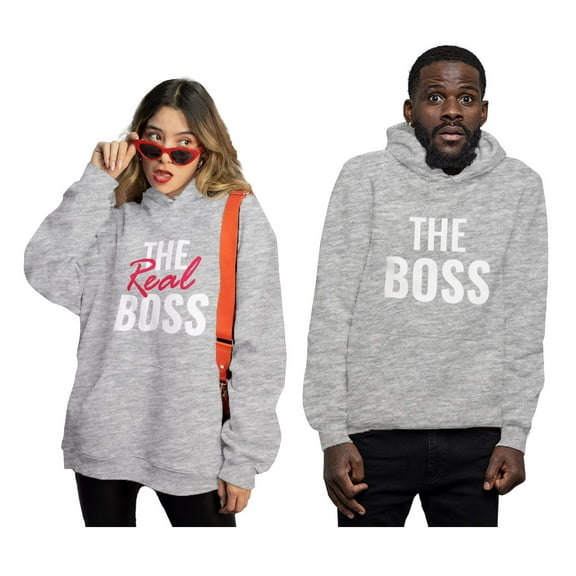 "The Boss & The Real Boss" - Funny Matching Couple Hoodie Set - Ideal Gift for Anniversaries, Valentine's Day, Weddings - Comfy His & Hers Hoodies - Gray Medium / Women Gray XX-Large