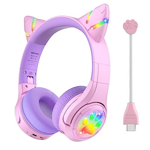 Riwbox CF9 Auriculares Bluetooth para niños con orejas de gato con luz LED, límite de volumen seguro de 85 dB, micrófono incorporado y micrófono de pluma para llamadas, auriculares inalámbricos y con