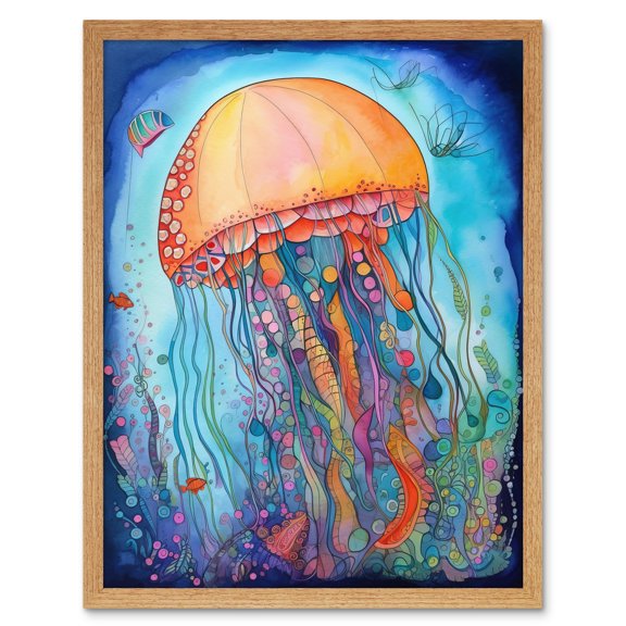 Jellyfish With Aquatic Plants Folk Art Watercolour Painting Art Print Framed Poster Wall Decor 12x16 inch