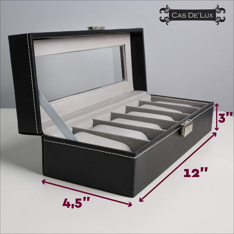Luxury Watch Box 6 Velvet Pillow Slots Premium Display Case With Framed Glass Lid Elegant Contrast Stitching Sturdy Secure Lock By Cas De Lux