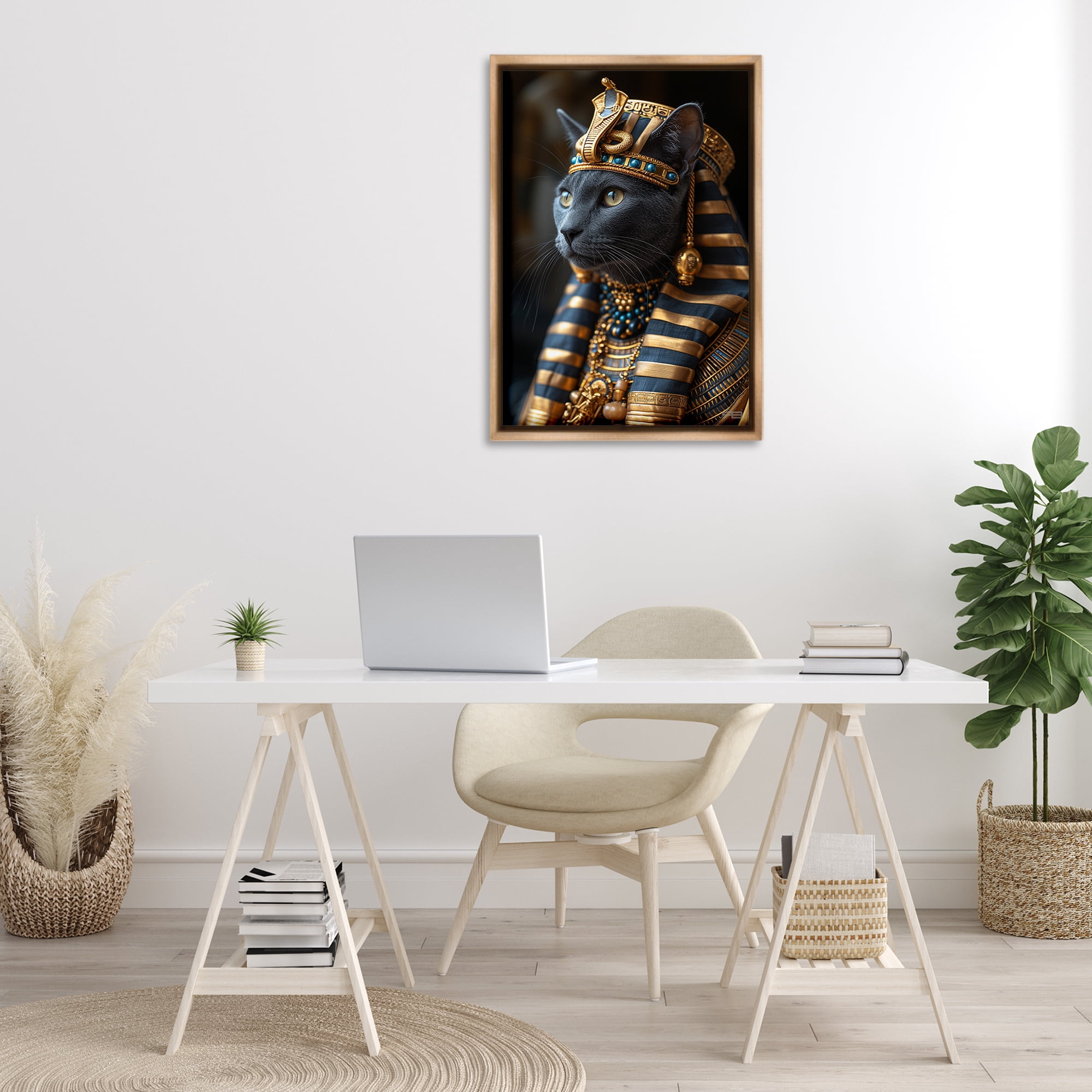 Stupell Industries Egyptian Pharaoh Cat Novelty Painting Brown Floater Framed Canvas Art Print Wall Art, 21 x 31