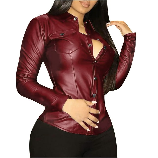 Veste en Cuir PU Chemise à Boutons-Pression Surchemise Manches Longues Mode Moto pour Femmes