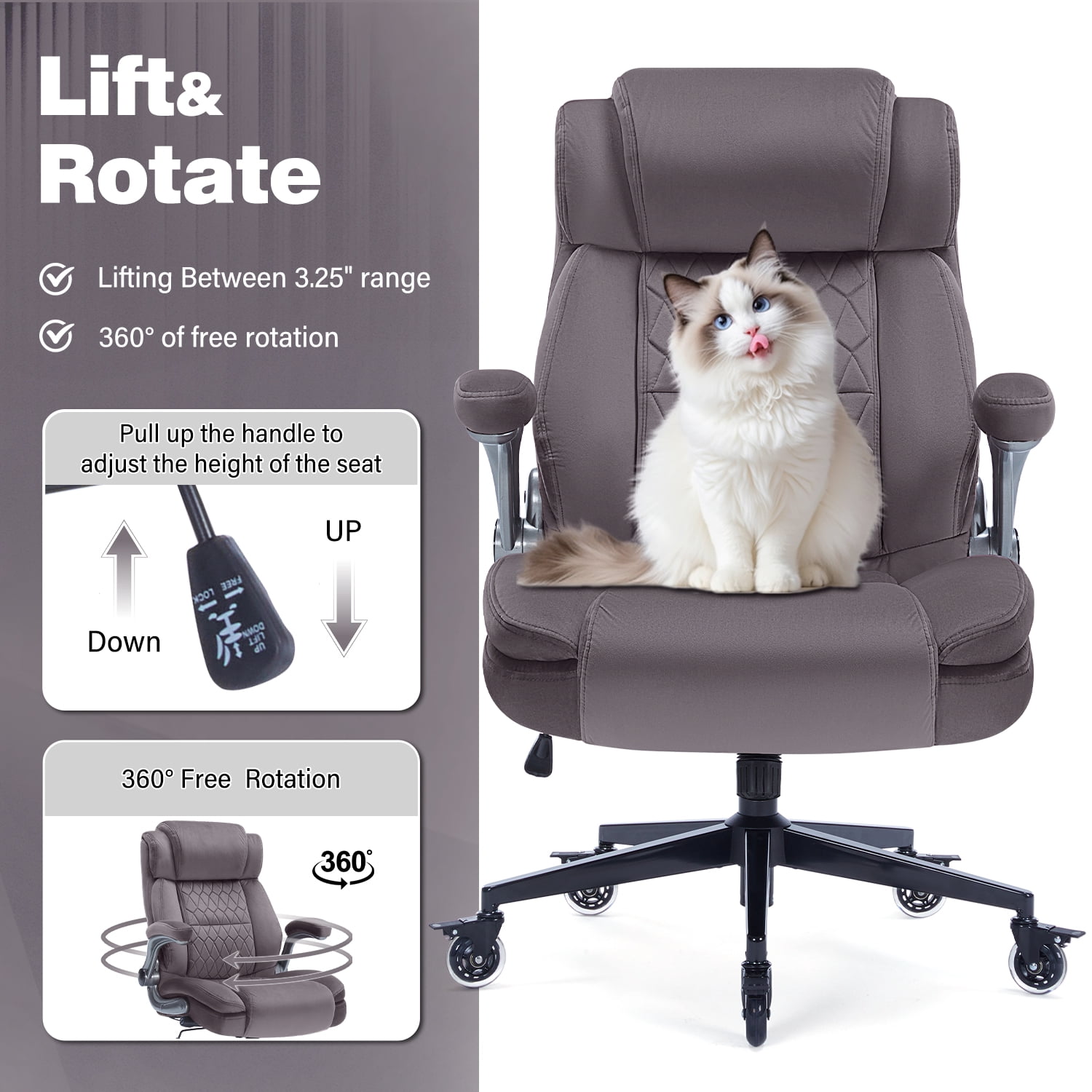 High Back Office Chair with Lockable Wheels, 400lbs Large Fabric Executive Desk Chair, Adjustable Lumbar Support Flip up Arms, Ergonomic Home Office Computer Chair with Storage Pocket, Cocoa