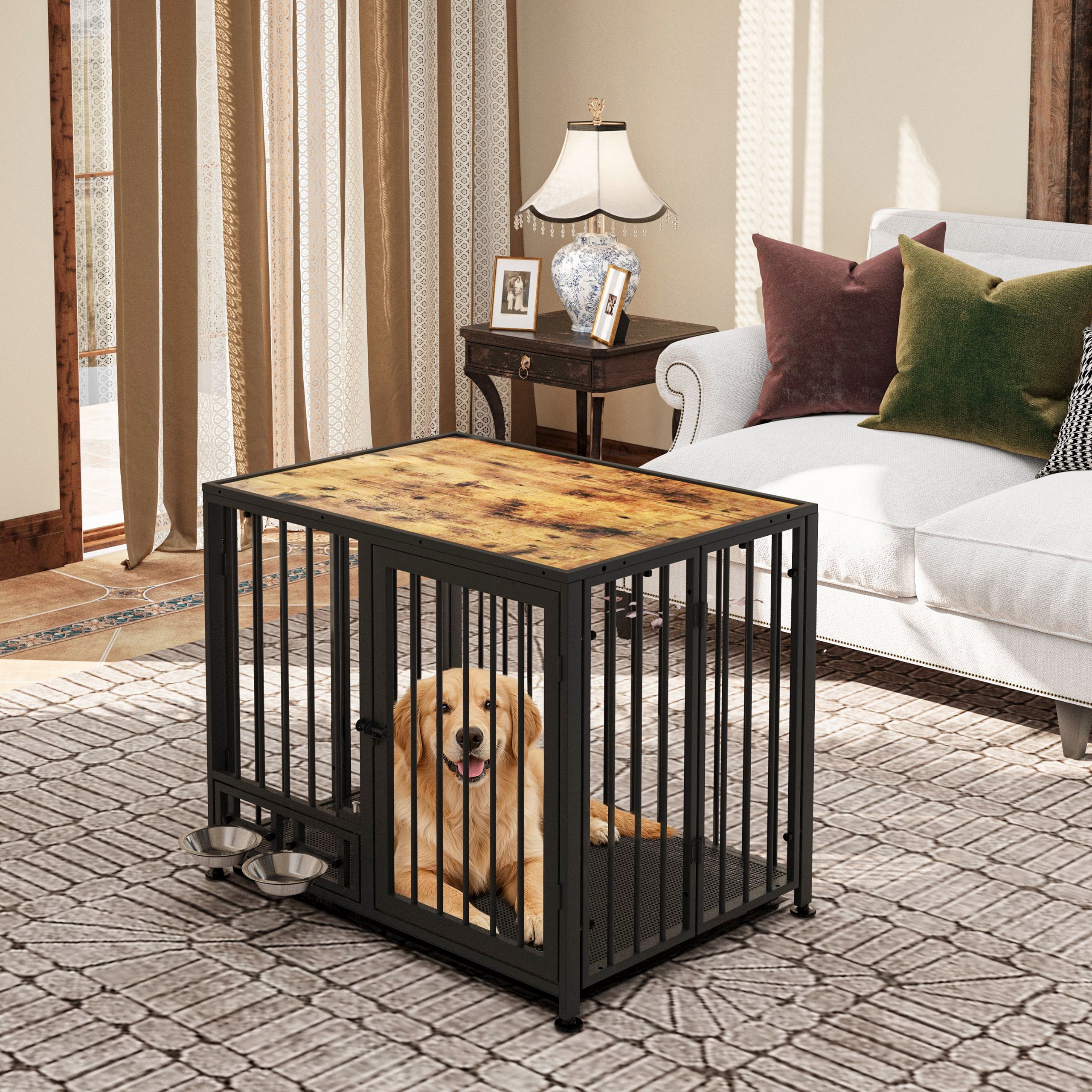 Amoveo 37.8" Heavy Duty Dog Crate for Medium Dogs, 3-in-1 Collapsible Metal Kennel & Playpen with Lockable Wheels & Feeding Bowls, Indoor Outdoor,Brown