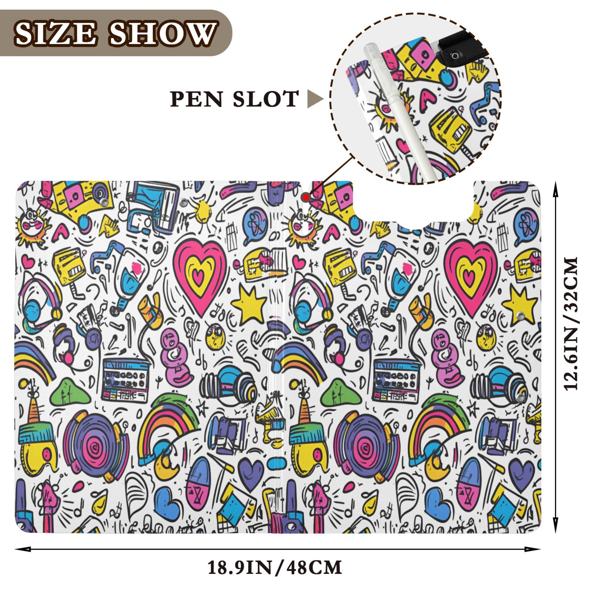 FORMRS A4 Clipboard Folder with Pen Holder Horizontal Foldable School Office Binder, White Doodle Pattern