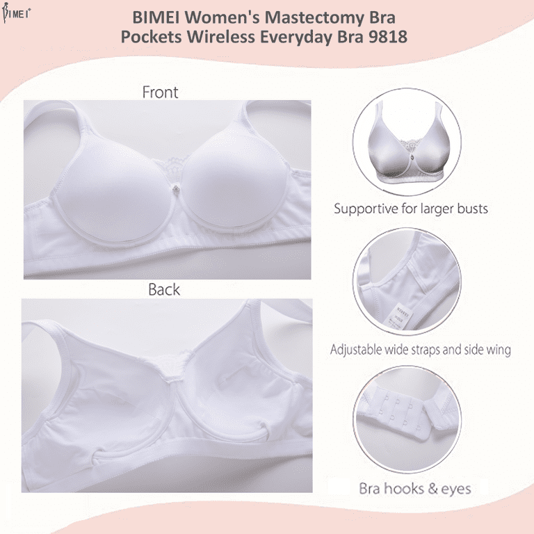 BIMEI Women's Mastectomy Bra Pockets Wireless Post-Surgery Invisible  Pockets for Breast Forms Everyday Bra Plus Size Bra 9818,White, 38B