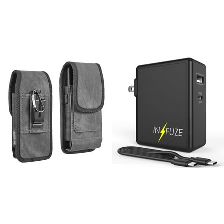 

Holster and Wall Charger Bundle for Samsung Galaxy A13 4G: Vertical Rugged Denim Nylon Belt Pouch Case (Black) and 45W Dual USB Port PD Power Delivery Type-C and USB-A Power Adapter
