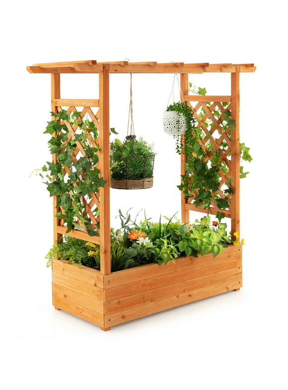 Gymax Raised Garden Bed Planter Box w/ Side & Top Trellis for Vine Climbing Plants