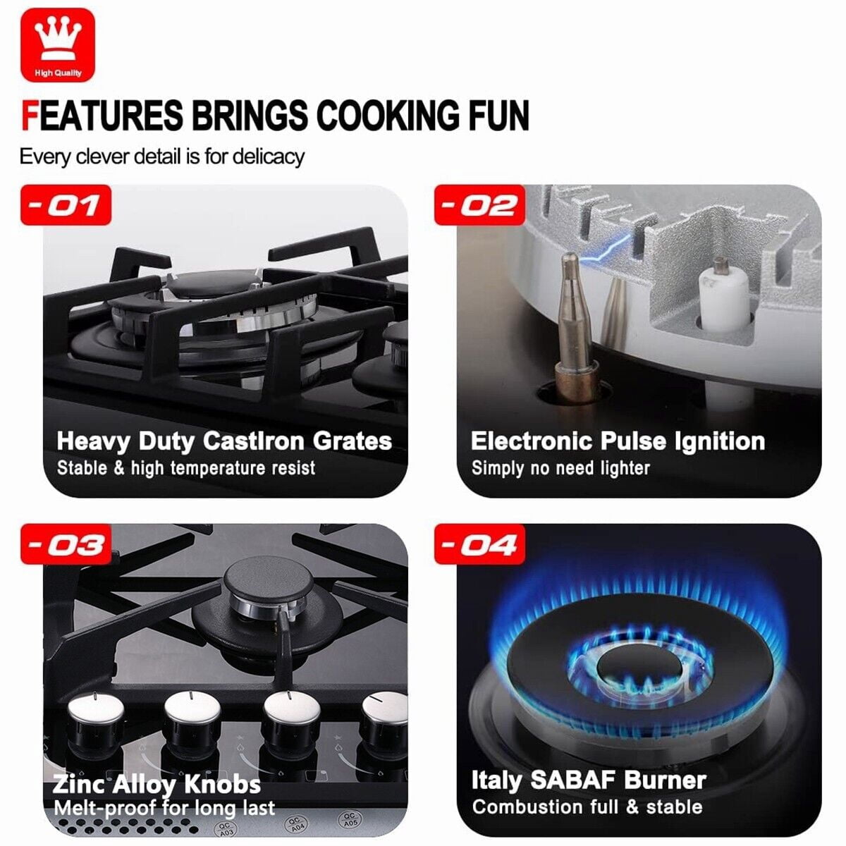 4-Burners Gas Cooktop 24 inch Stainless Steel Tempered Glass NG/LPG Convertible