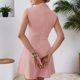 thumbnail image 3 of Negro Vestido de Cóctel A-Línea sin Mangas de Cintura Elástica Mini Vestido de Color Sólido para las Mujeres, Mock Cuello Alto Vestido Bajo para las Mujeres, 3 of 5