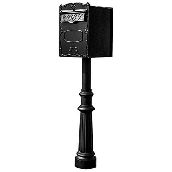 QualArc LSF-LS01-HPFRG-8-BLK 18 in. Kingsbury REAR Retrieval Mailbox with Hanford Post & Decorative Fluted Base - Black