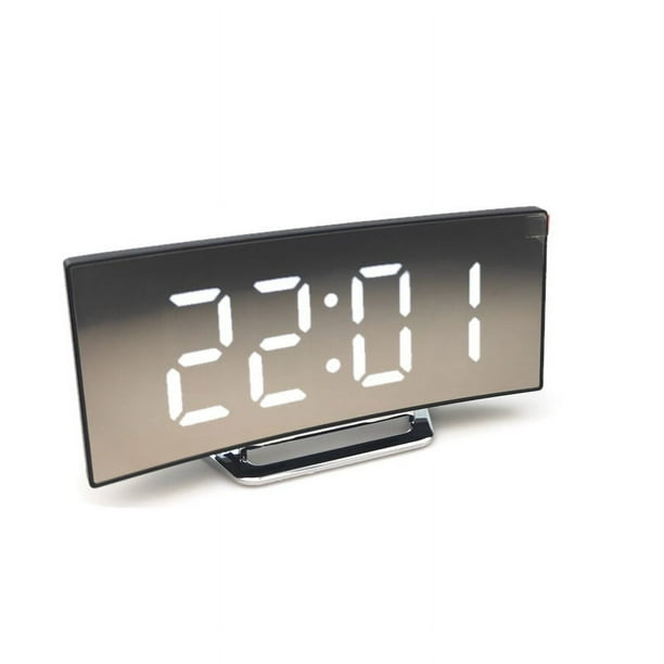Reloj despertador digital para dormitorios, reloj digital con diseño curvo moderno, números LED azules llamativos, niveles de brillo, volumen, 3 tonos de alarma, repetición, memoria de apaga