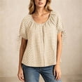thumbnail image 5 of Edvintorg Button Up Shirt Women Plaid Printed Crew Neck Short Sleeve Loose Casual Blouses Summer Tops for Women Khaki S, 5 of 8