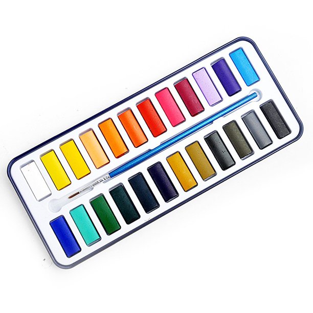 Set profesional de acuarela para artistas y principiantes - 24 colores vibrantes en una funda metálica portátil con pincel para pintura de papel y telas