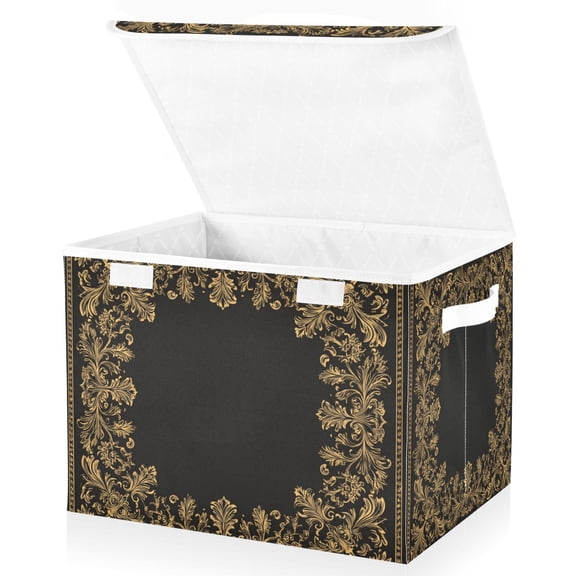 Foldable Fabric Storage Bin With Handle Collapsible Basket Box Storage With Lid Organizer Intricate Baroque-style Designs