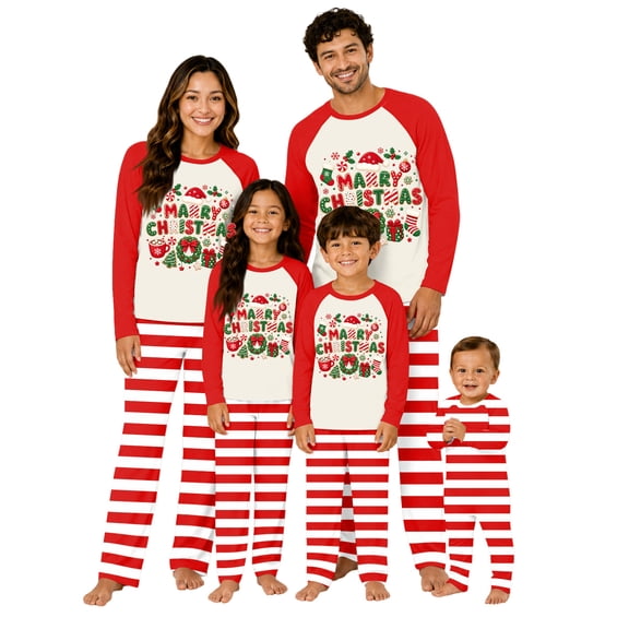 Onlypjs Family Christmas Pajamas Matching Sets Merry Christmas Raglan Top and Red Striped Pants Sleepwear for Couples, Women and Men