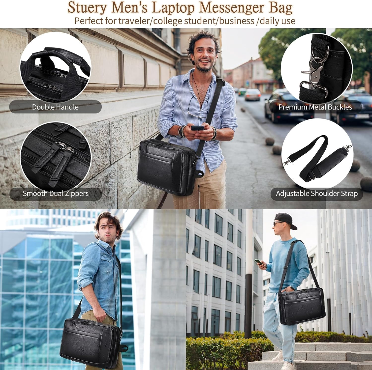 Faux Leather Messenger Bag for Men 17-17.3 Inch: Convertible 3 in 1 Backpack Laptop Briefcase Computer Handbags Shoulder CrossbodyBag with Padded for Work College Travel, PU Black