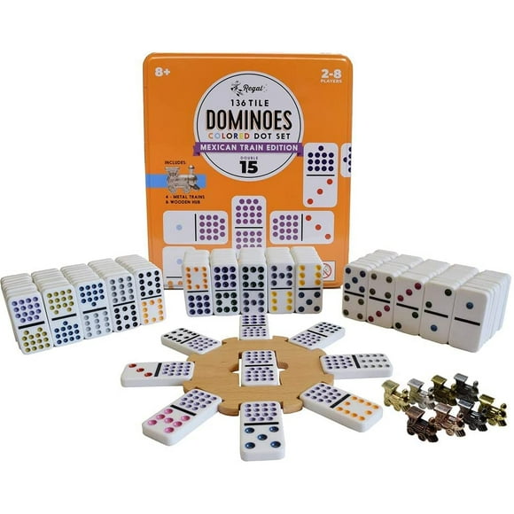 Regal Games Mexican Train Double 15 Dominoes Set for Adults & Kids - Domino Game with 136 Tiles Colored Dots & 8 Metal Trains - 2-8 Player Games & Ideal for Family Fun Game Night and Travel (Ages 8+)