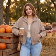 thumbnail image 3 of Women's Plaid Stand Collar Cropped Jacket Long Sleeve Full Zip Loose Casual Lightweight Outerwear with Pockets, L, 3 of 6