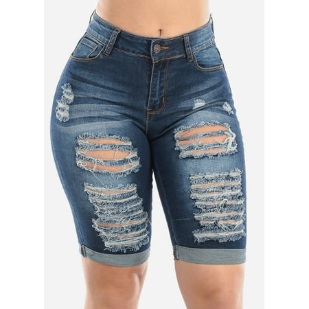 Womens Juniors Casual Stretchy Denim Mid Rise 1 Button Whisker Destroyed Distressed Ripped Dark Wash Bermuda Shorts 10279Z