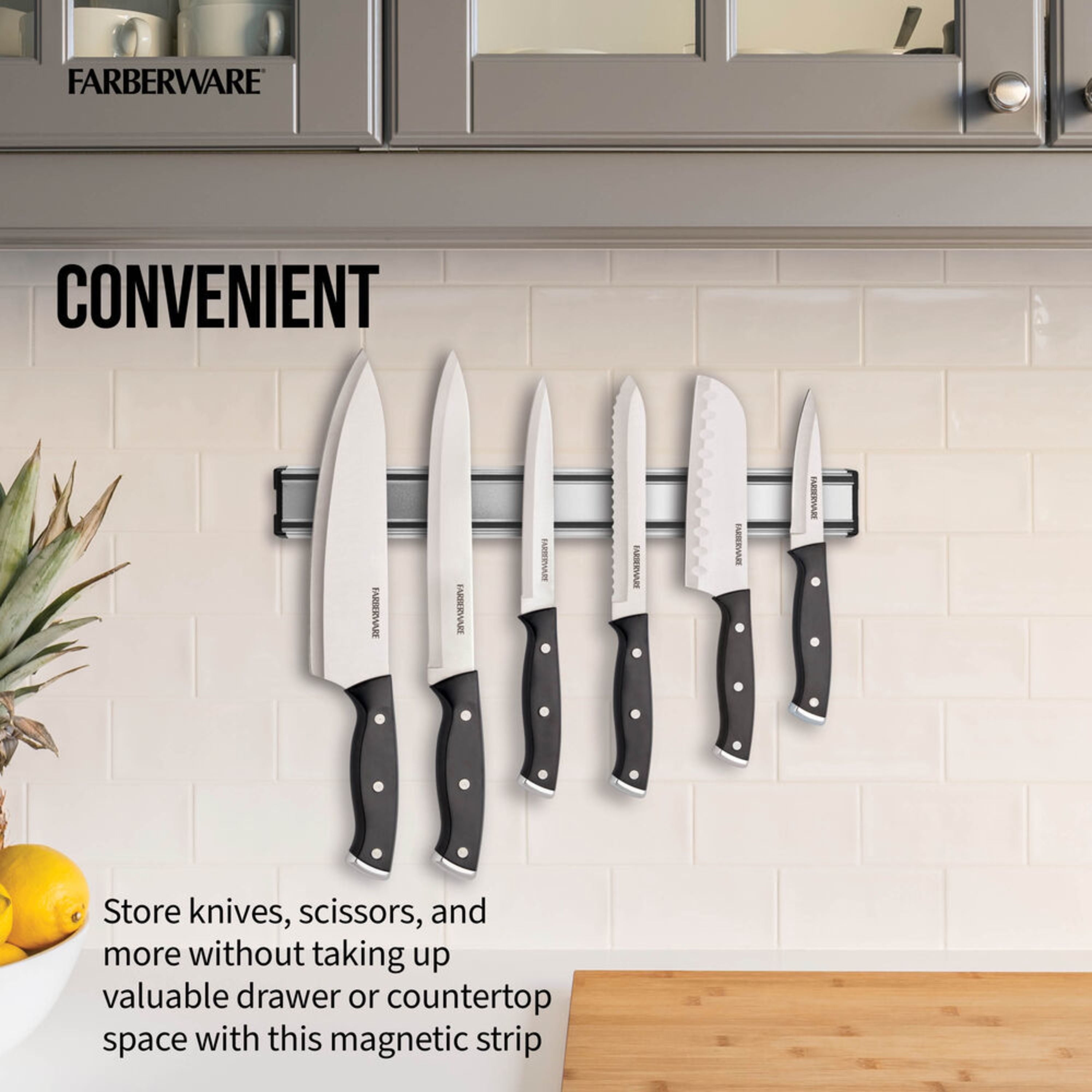 Farberware Stainless Steel Magnetic Knife Strip with Black Accents, Knives Not Included