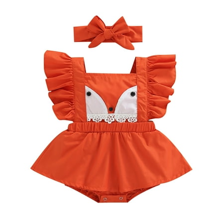 

Lesimsam 2Pcs Baby Girls Summer Outfit Fox Print Square-Neck Flying-Sleeve Romper Dress + Hairband for Toddler 0-18 Months