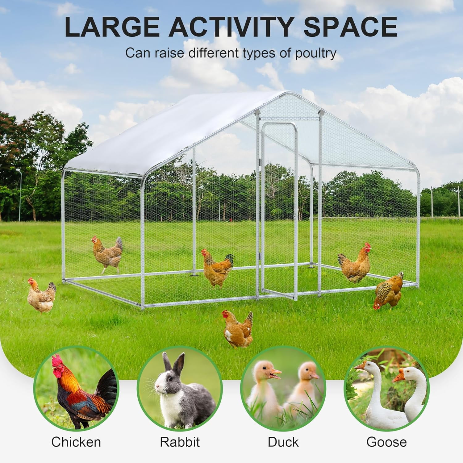GOJOOASIS Large Chicken Coop for 15 Chickens Run Walk-in Metal Poultry Cage For Outdoor Backyard