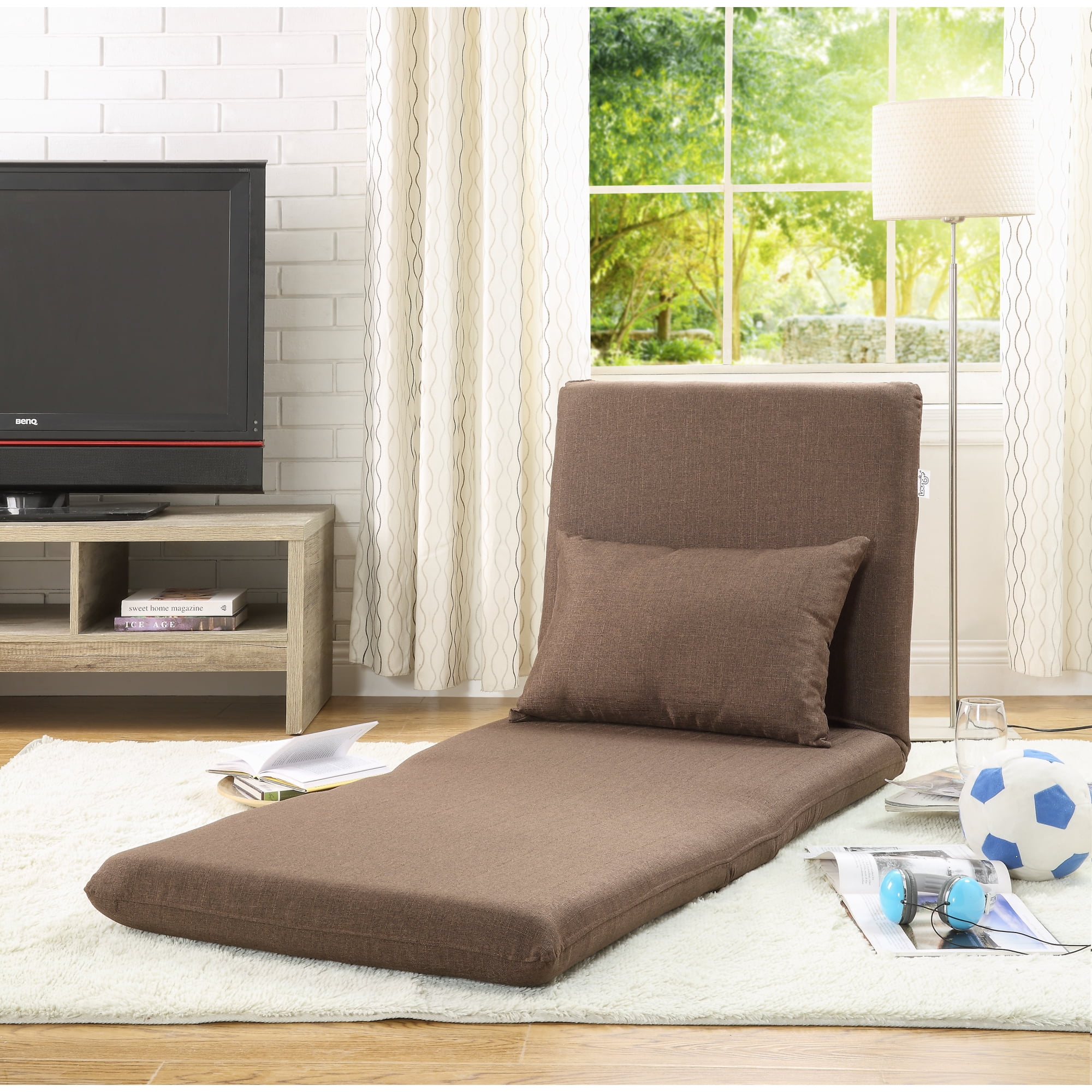 Relaxie Brown Linen Flip Chair - Sleeper Dorm Bed Couch Lounger Sofa, 5-Position Adjustable, Convertible