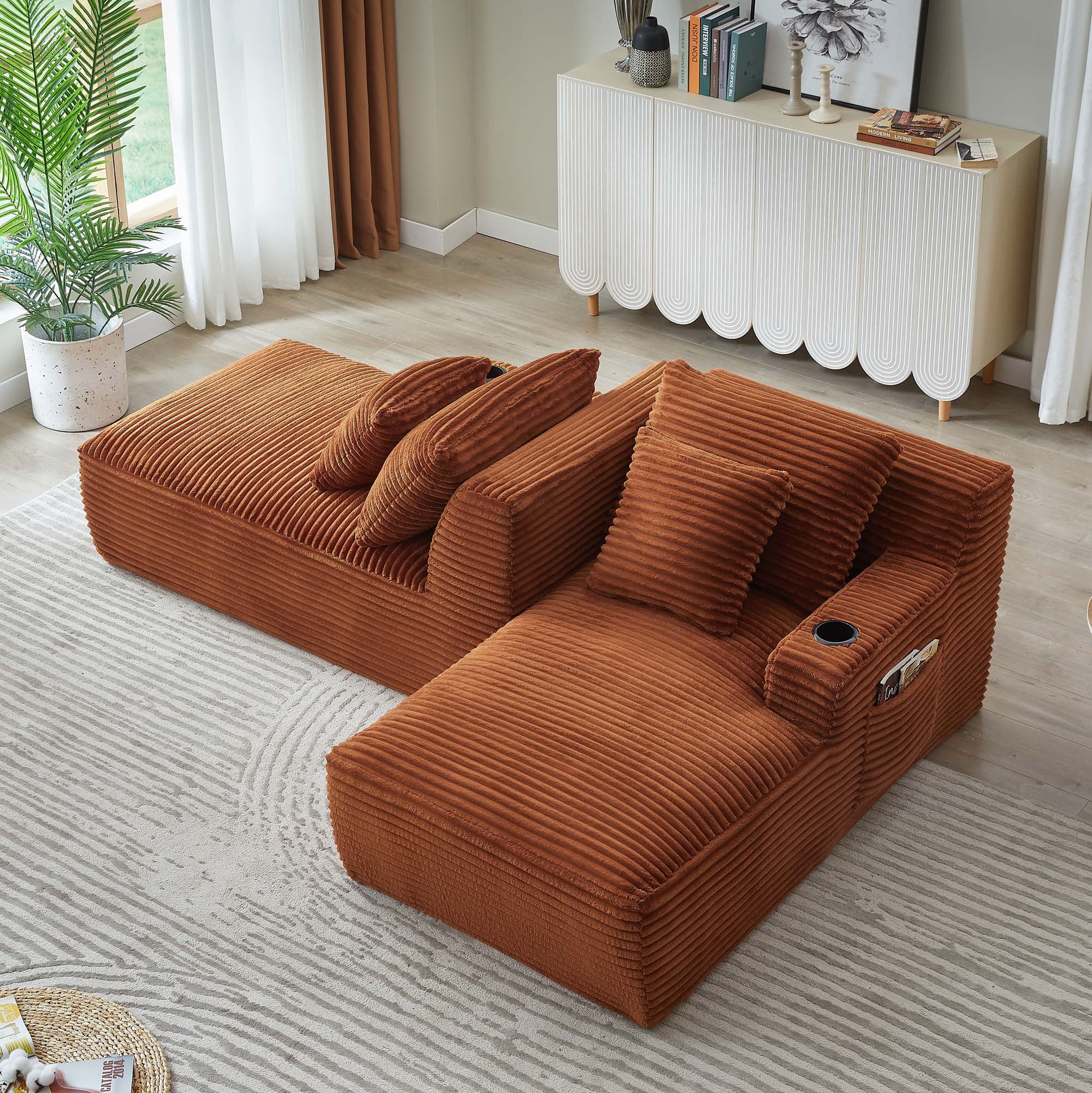 Miniyam Orange Compressible Double Chaise Lounge with Cupholders, Fluffy Modern Sleeper Loveseat for Living Room Bedroom