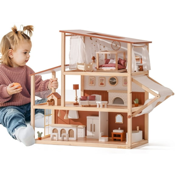 Robud Wooden Dollhouse for Kids Furniture Preschool Bohemian Style, 37 Pieces Furniture & Awning for Toddlers Girls 3 , Pink