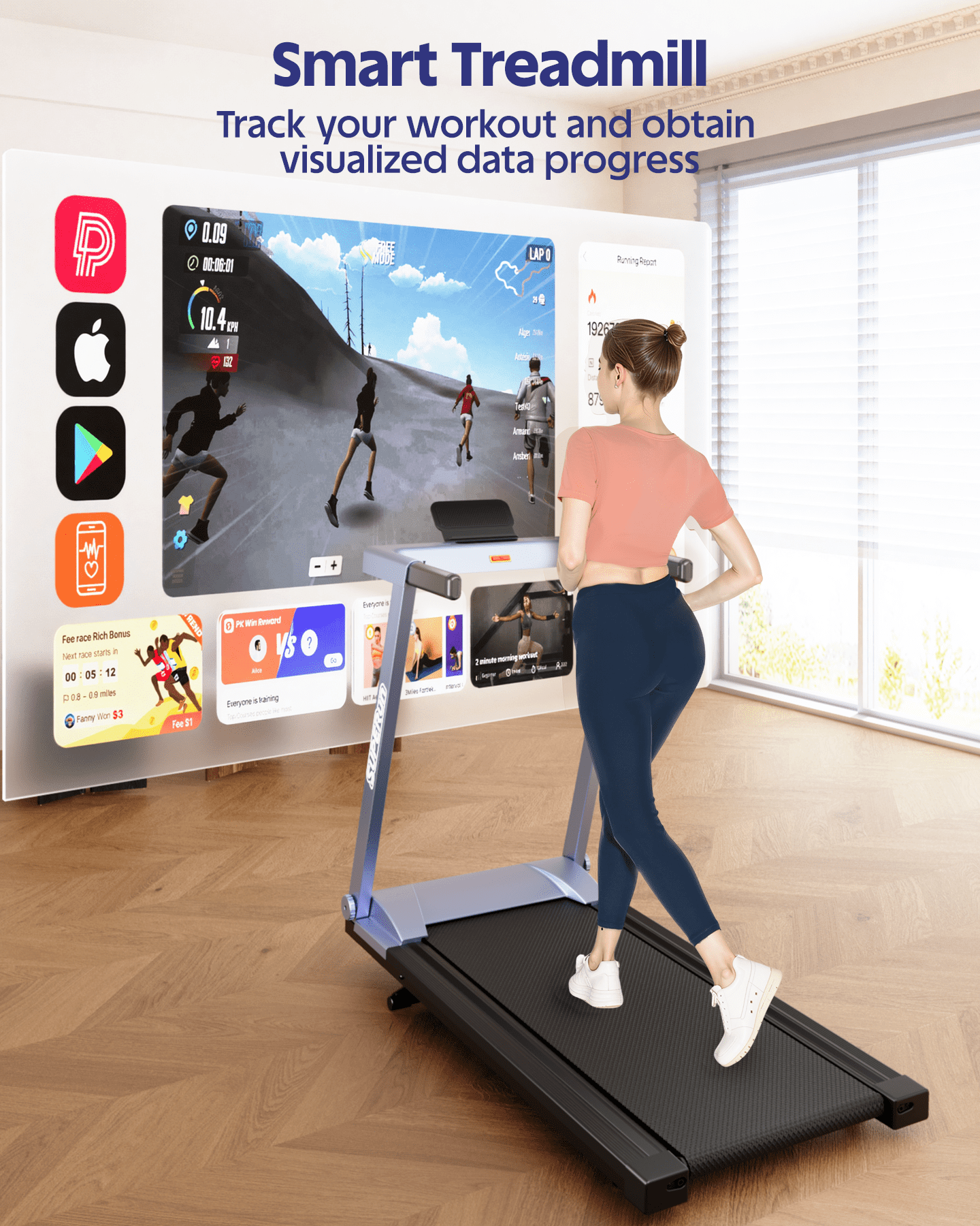 Superun 4-in-1 Foldable Treadmill with Incline, 300 LBS Capacity Running Treadmills for Home Small Spaces with Handles, 3.0 HP Folding Treadmill with Smart APP
