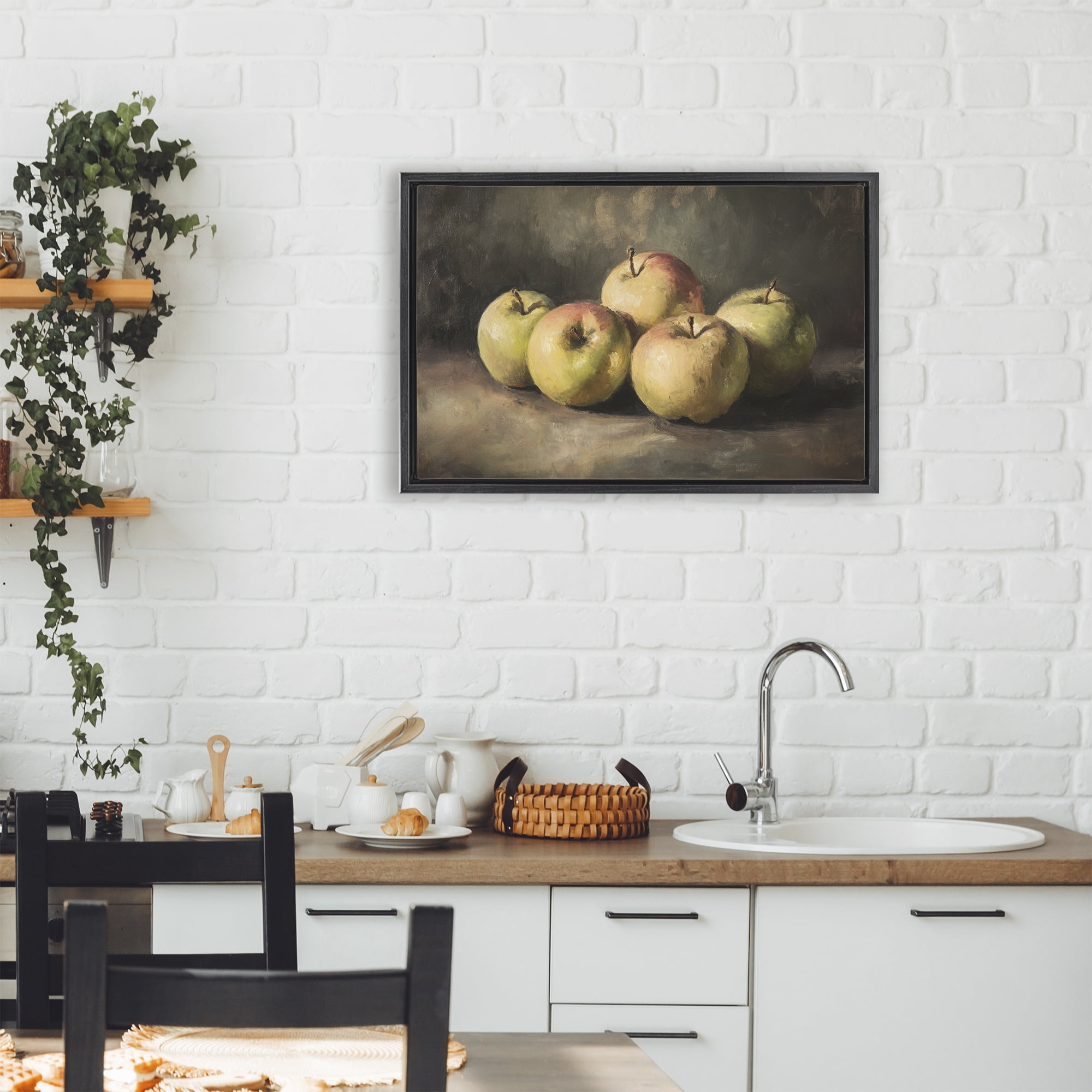 Stupell Industries Apples in Soft Shadow Black Framed Floater Canvas Wall Art, design by Petal Prints Design