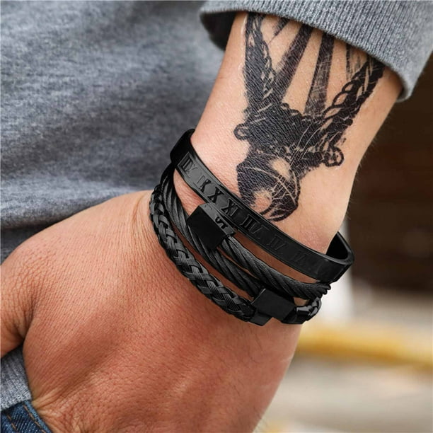 Pulsera para mujer, regalo para mujer, 3 piezas/juego, pulsera de acero de titanio con números romanos y hebilla de herradura para hombre.