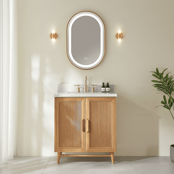 Fully Assembled 30'' Light Coffee Freestanding Single Sink Bathroom Vanity with Solid Wood Construction and Engineered White Top