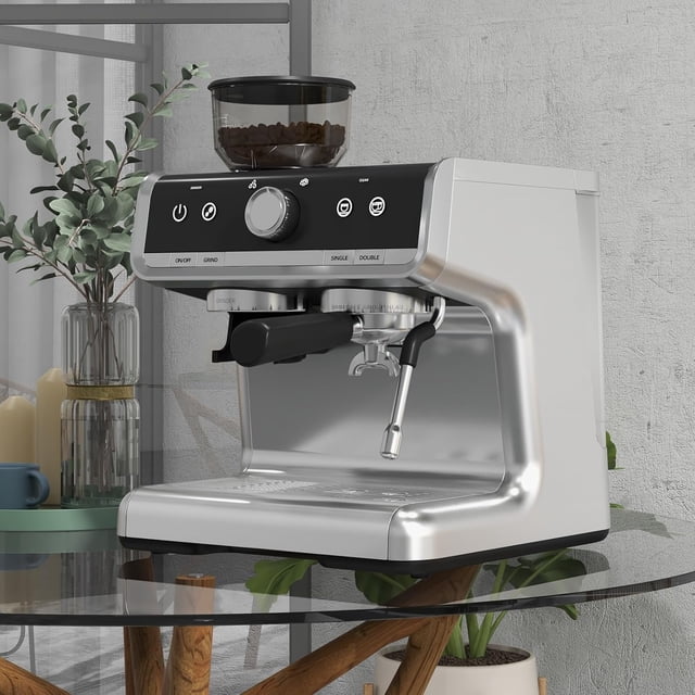 Silver Gray Semi-Automatic Espresso Machine – 1450W, 20 Bar Pressure, 30 Adjustable Grinder Settings, Fast Heat-Up System, Milk Frother with Steam Wand, for Home, Hotel & Office