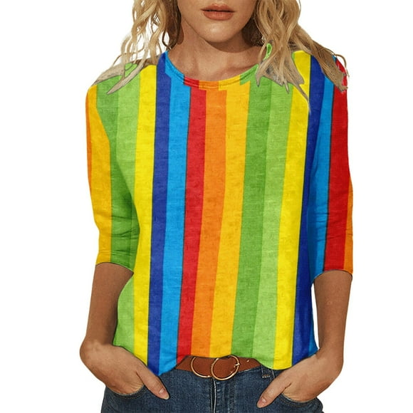 UANWENN Women's Casual Round Neck Carnival Colorful Printed Three Quarter Sleeved T Shirt Top 3 Womens Short Sleeve Shirts Plain Plain Tees for Women Long Sleeve Comfort Long Sleeve Polyester T Shirt