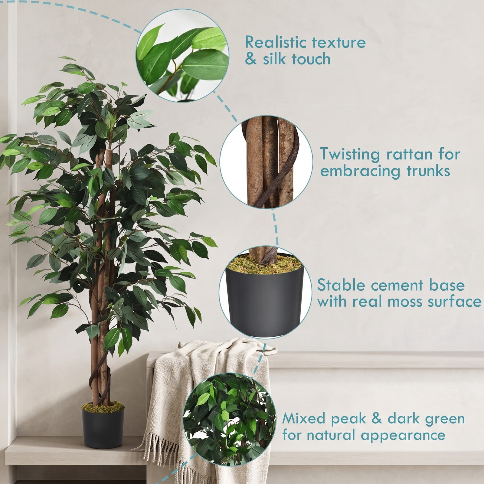 ALPULON 4 Feet Artificial Ficus Silk Tree, Indoor Outdoor Faux Ficus Plant with 504 Leaves, Hardwood Trunk and Cement Base Potted Fake Tree for Home Office, Green