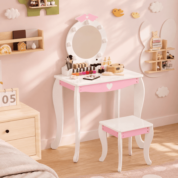Joywind Kids Vanity Set with Lighted Mirror & Stool, Wing Design - Princess Makeup Dressing Table with Storage, Chair Included - Toddler Girls Play Beauty Desk, White