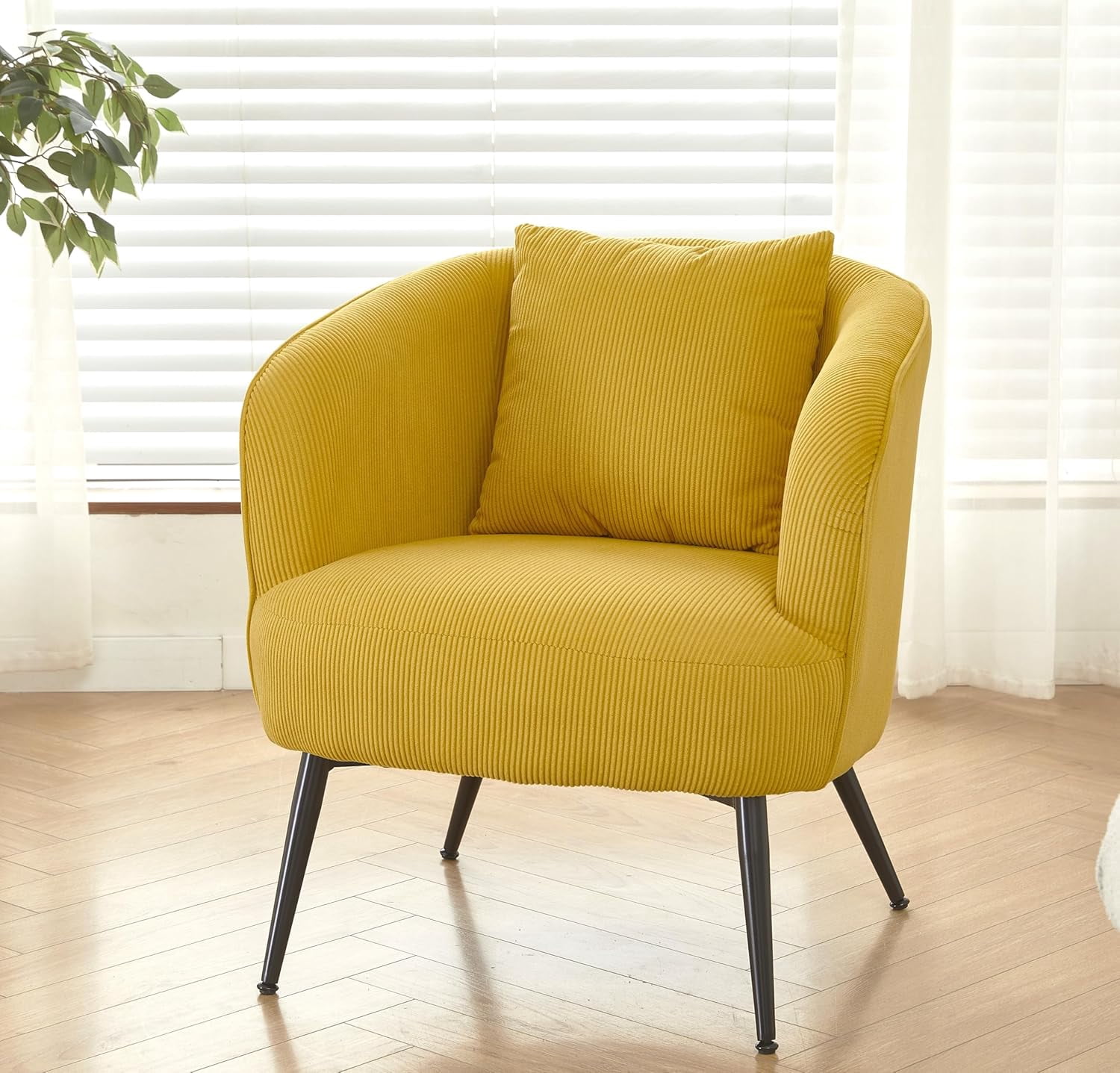 US Pride Furniture Modern Channel Corduroy Velvet Accent Chair with Black Metal Legs Luxurious Design and Comfortable Seating Ideal for Living Room Bedroom or Office Yellow